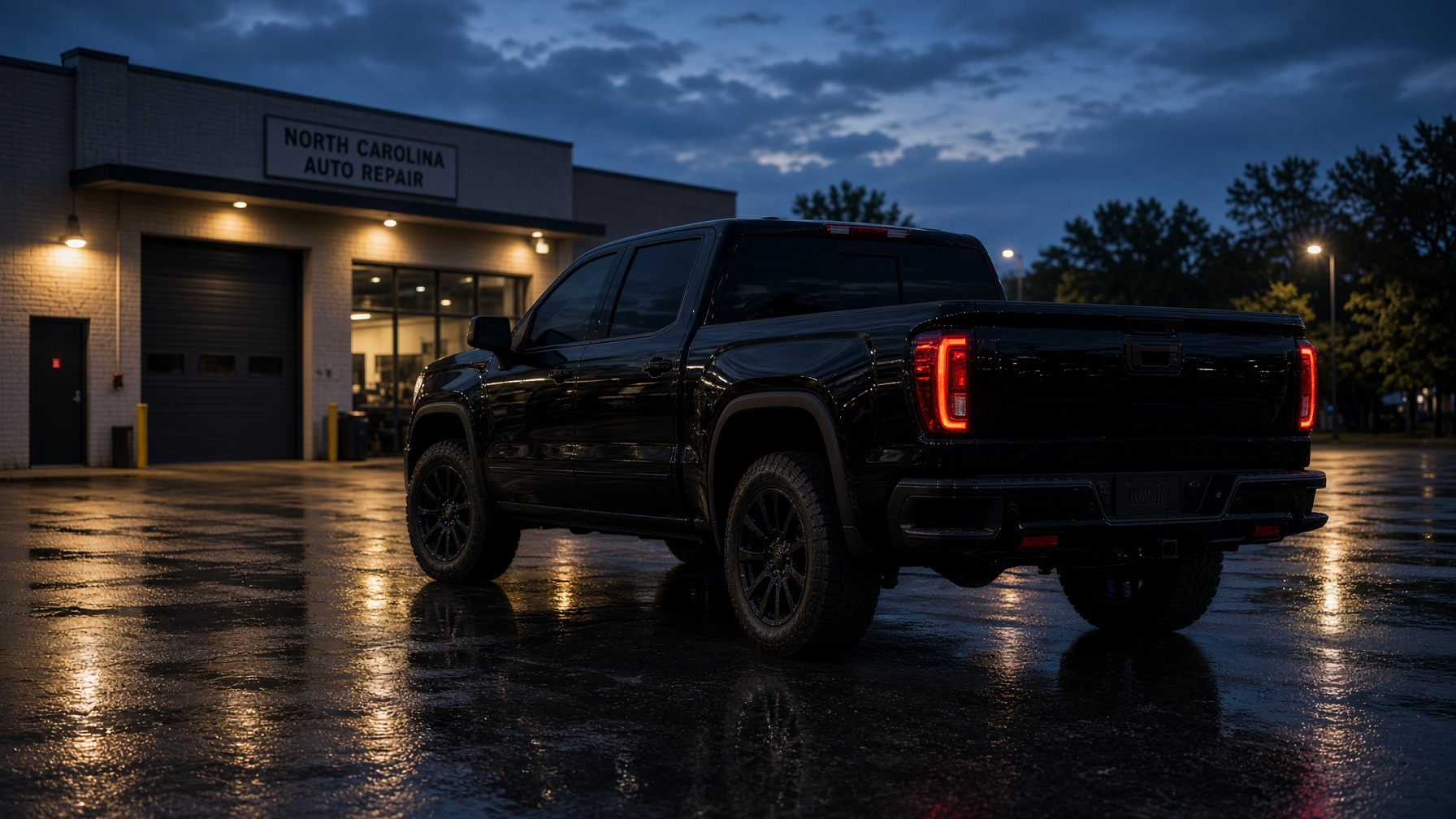 Black pickup with professional smoked window tint at dusk outside the Hickory shop