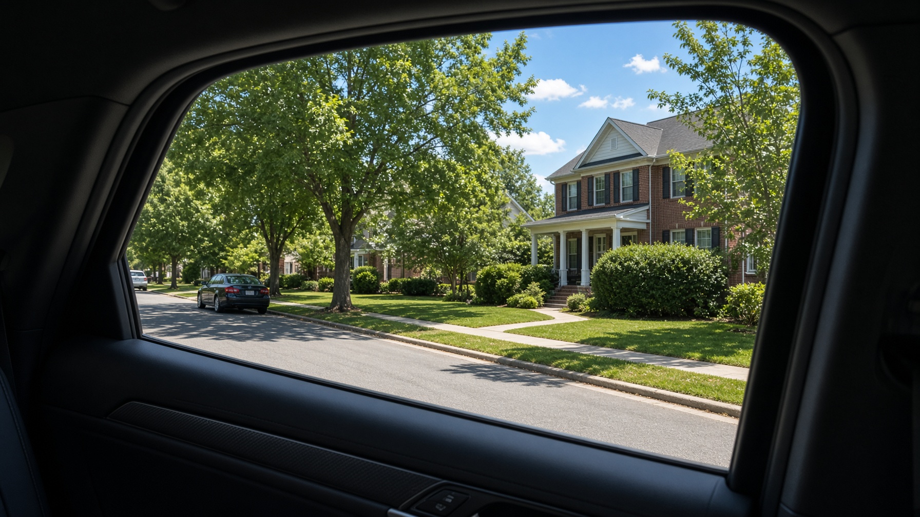 View through a car side window onto a sunny North Carolina street